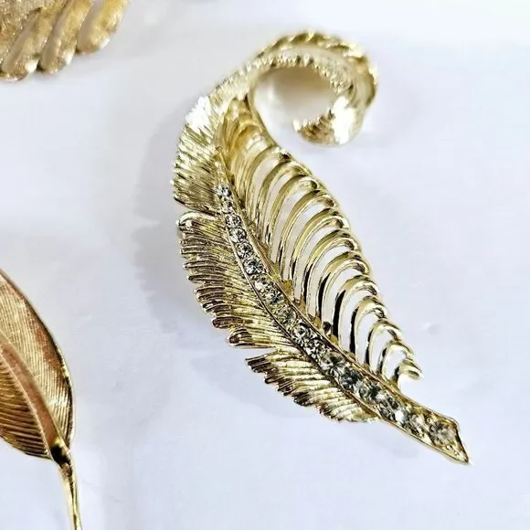 Vintage Set of 3 Gold Tone Rhinestone Signed Gerry's Leaf Themed Brooches Pins - Picture 5 of 12